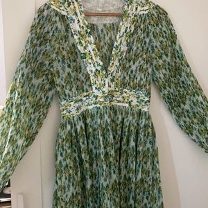 Green & yellow floral dress  - micro pleat v-neck long sleeve a-line dress